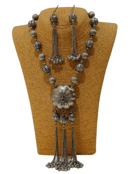 Silver-Plated Oxidised Antique Pendant Necklace Set