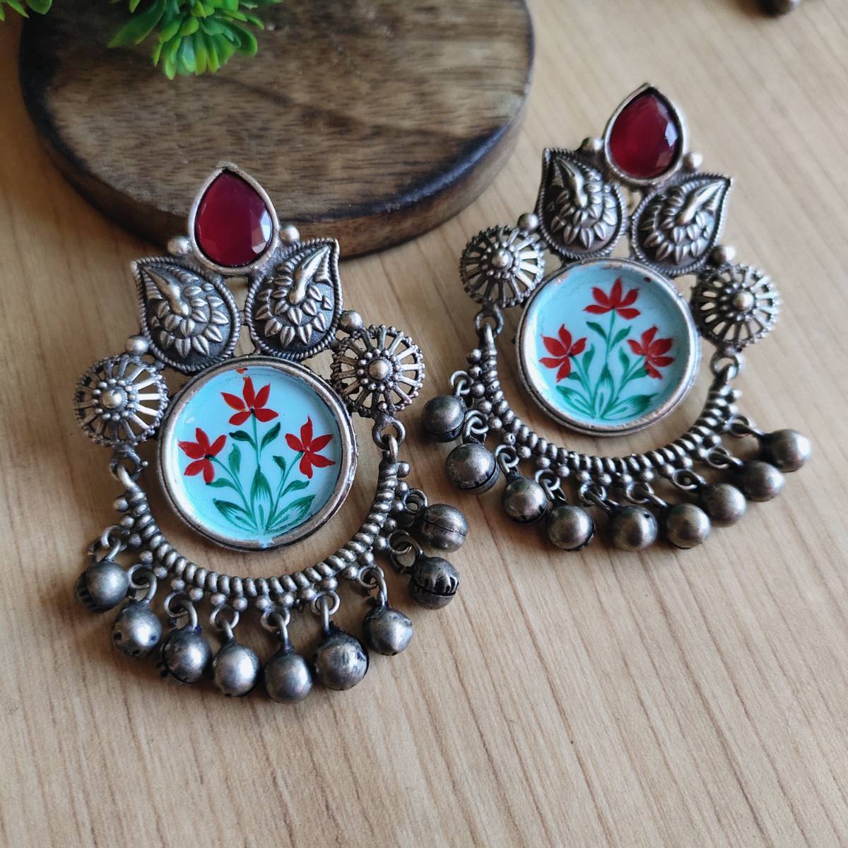 Silver-Plated Oxidised Meenakari Chandbali Dangler Earrings