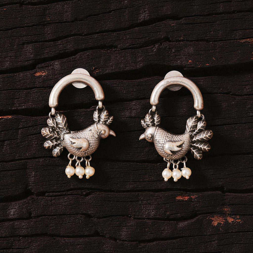 Silver-Plated Oxidised Sparrow Design Antique Dangle Earrings