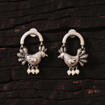 Silver-Plated Oxidised Sparrow Design Antique Dangle Earrings