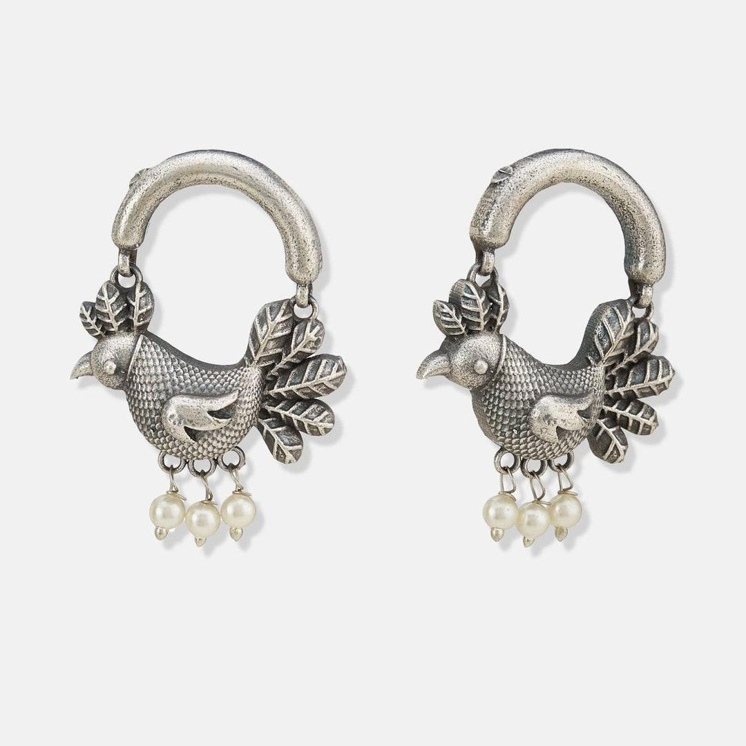 Silver-Plated Oxidised Sparrow Design Antique Dangle Earrings