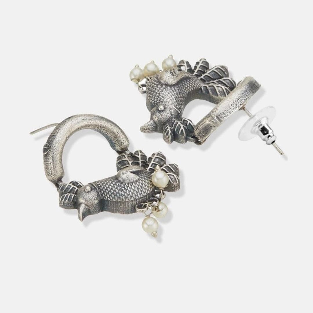 Silver-Plated Oxidised Sparrow Design Antique Dangle Earrings