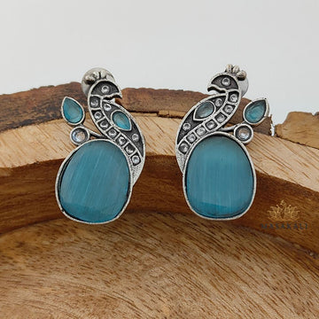 Silver-Plated Peacock Design Stud Earrings, Turquoise