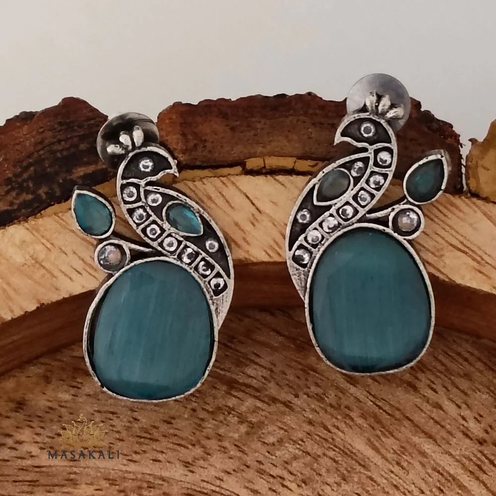 Silver-Plated Peacock Design Stud Earrings, Turquoise