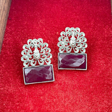 Silver-Plated Peacock Motif Ruby Stone Studded Earrings