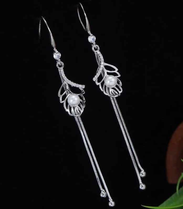 Silver-Plated Pearl & CZ Embellished Dangler Earrings