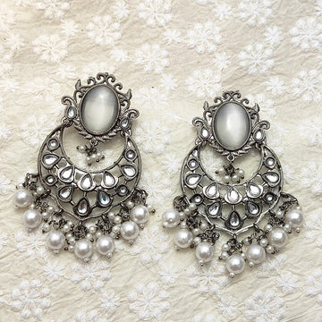 Silver-Plated Pearl & Monalisa Stone Studded Chandbali Earrings