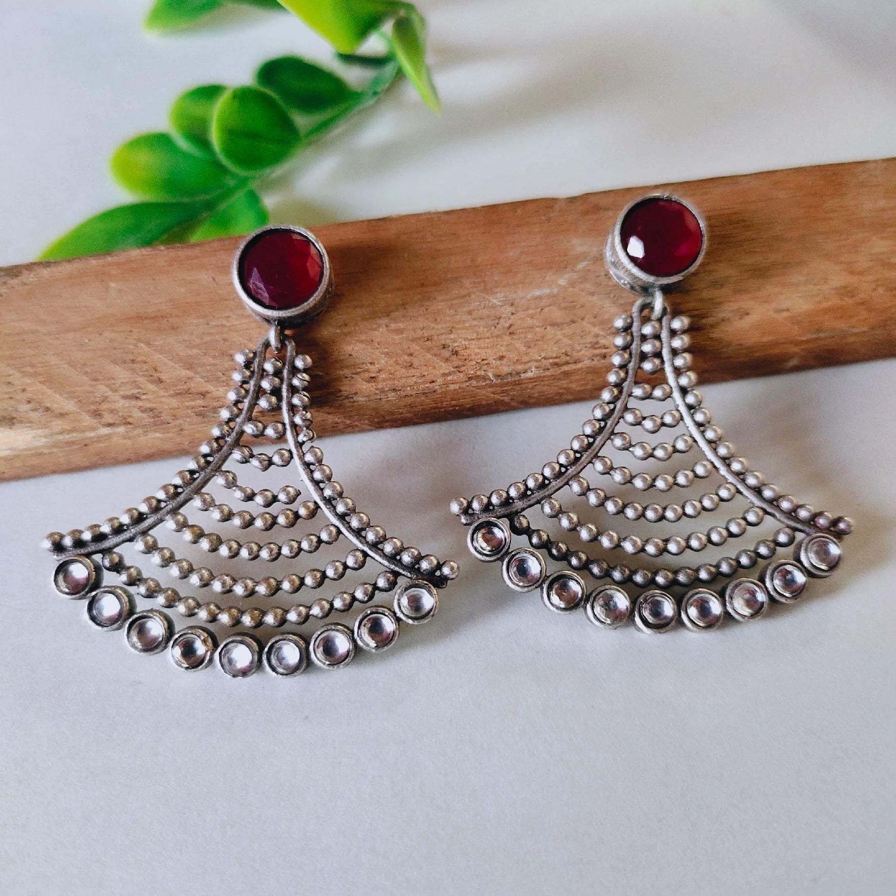 Silver-Plated Red & White Stone-Studded Dangler Earrings
