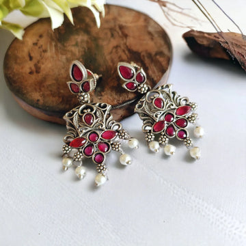 Silver-Plated Ruby Stone-Studded Dangler Earrings