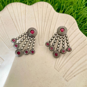 Silver-Plated Ruby Stone Studded Drop Earrings