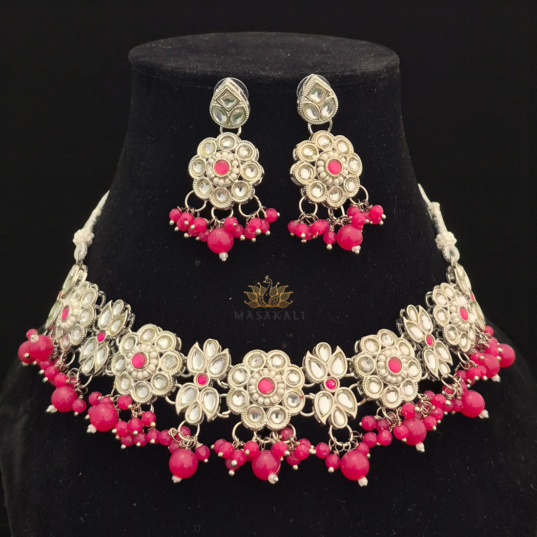 Silver-Plated Stone-Studded Beaded Necklace Set