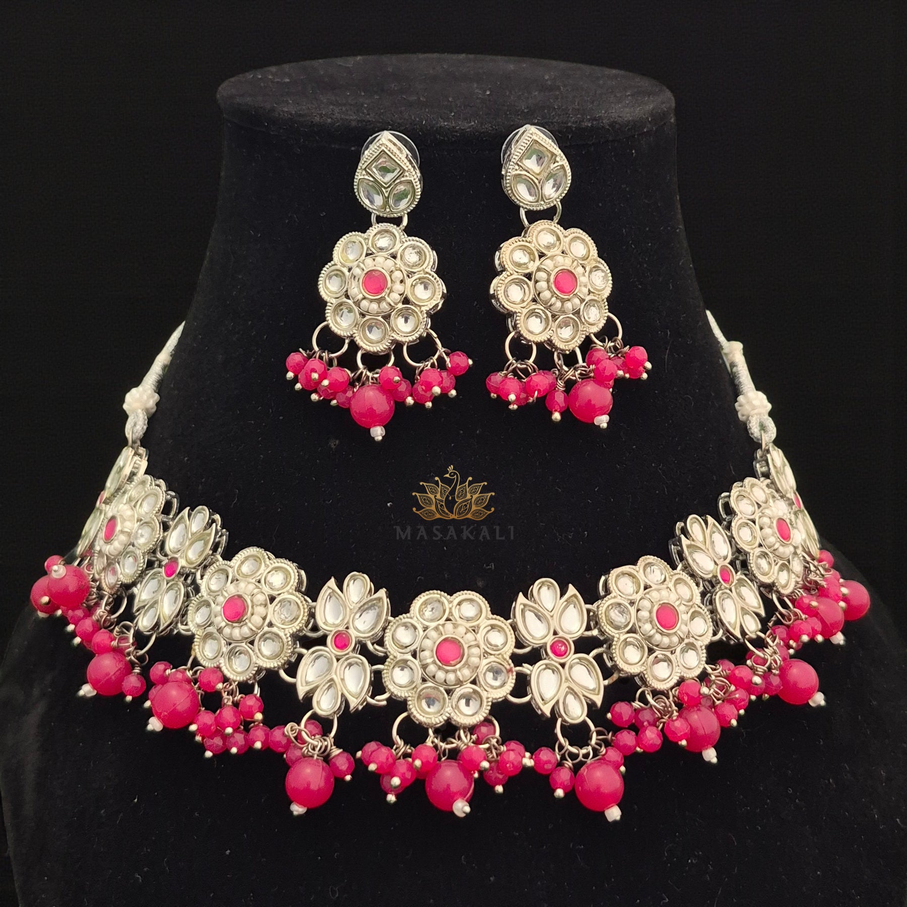 Silver-Plated Stone-Studded Beaded Necklace Set