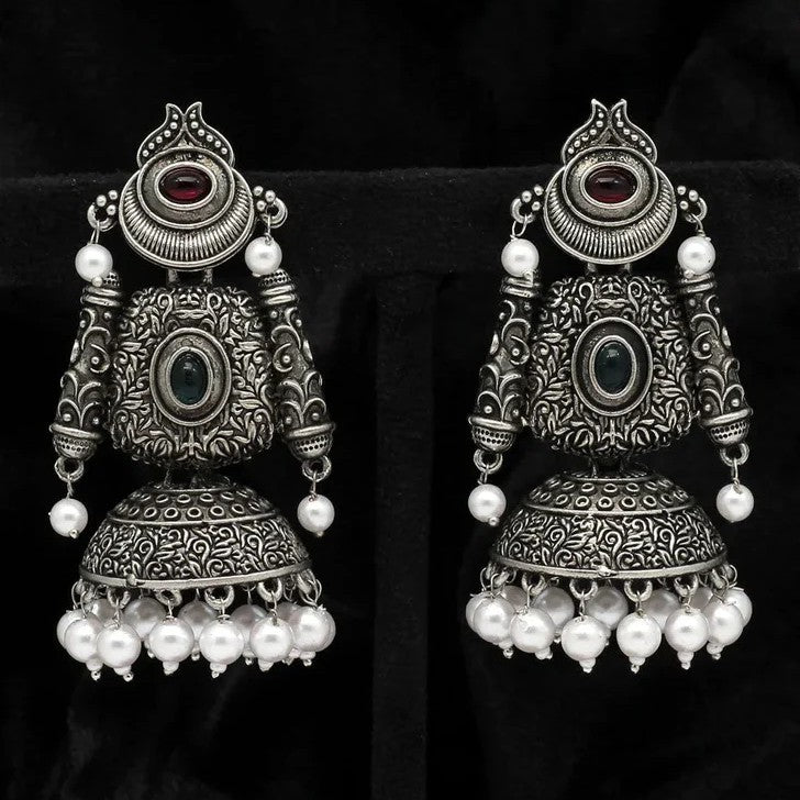 Silver-Plated Stone Studded Pearl Jhumka Earrings