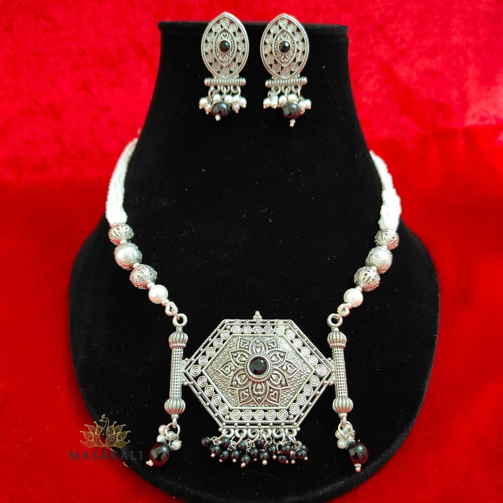 Silver-Plated Stone & Pearl Beaded Haar Necklace Set, Black