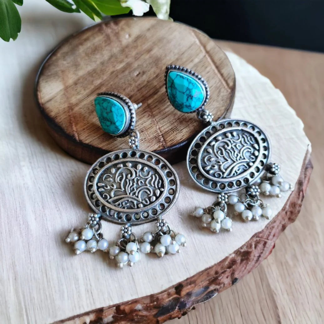 Silver-Plated Turquoise Blue Stone-Studded Pearl Dangler Earrings