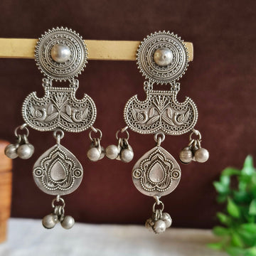 Silver-Replica Embossed Peacock Art Dangler Earrings