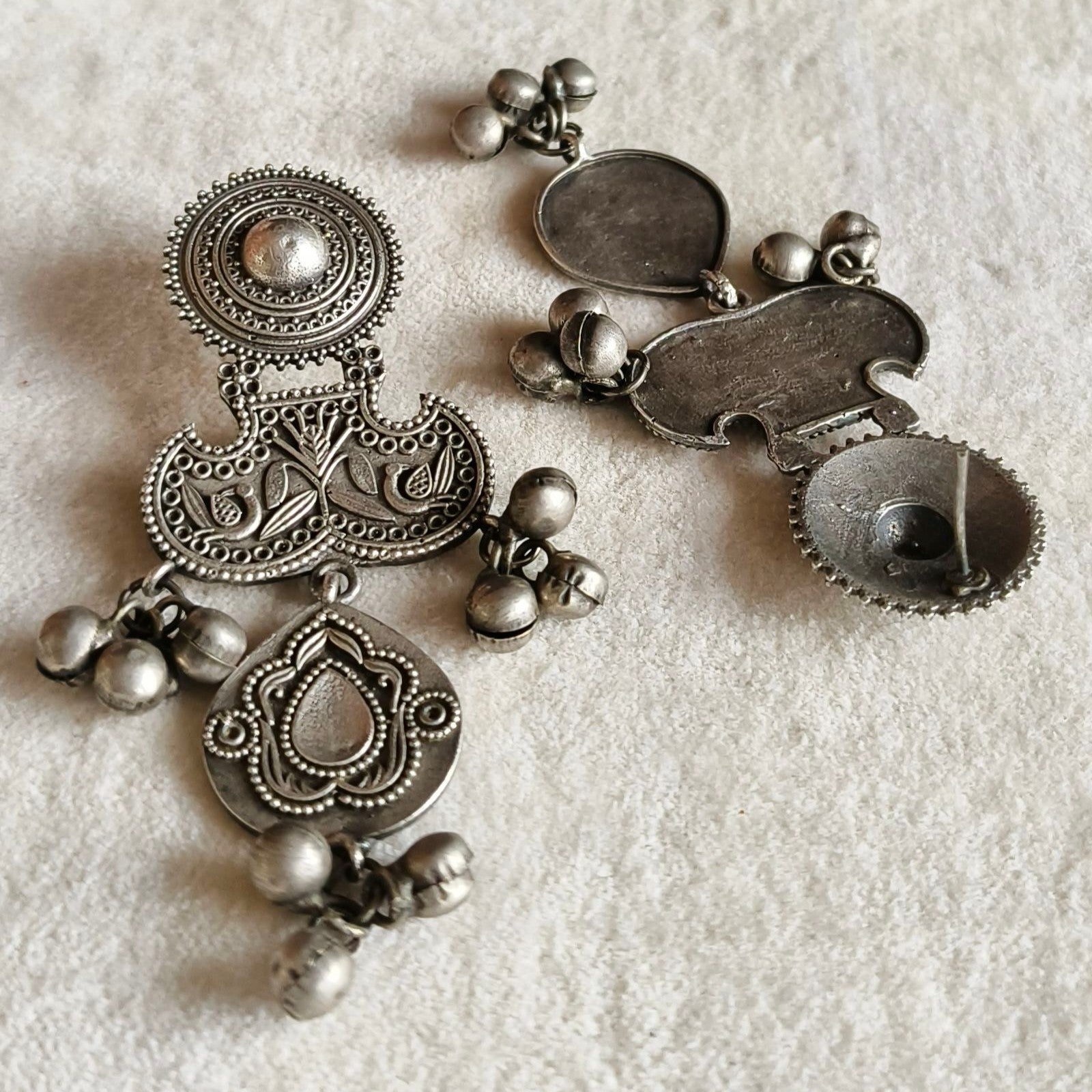 Silver-Replica Embossed Peacock Art Dangler Earrings