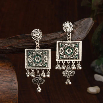 Silver-Toned Enamel Artwork Beaded Dangler Earrings