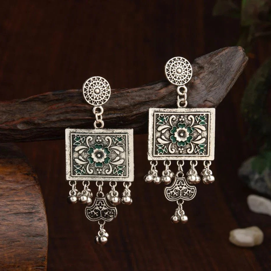 Silver-Toned Enamel Artwork Beaded Dangler Earrings