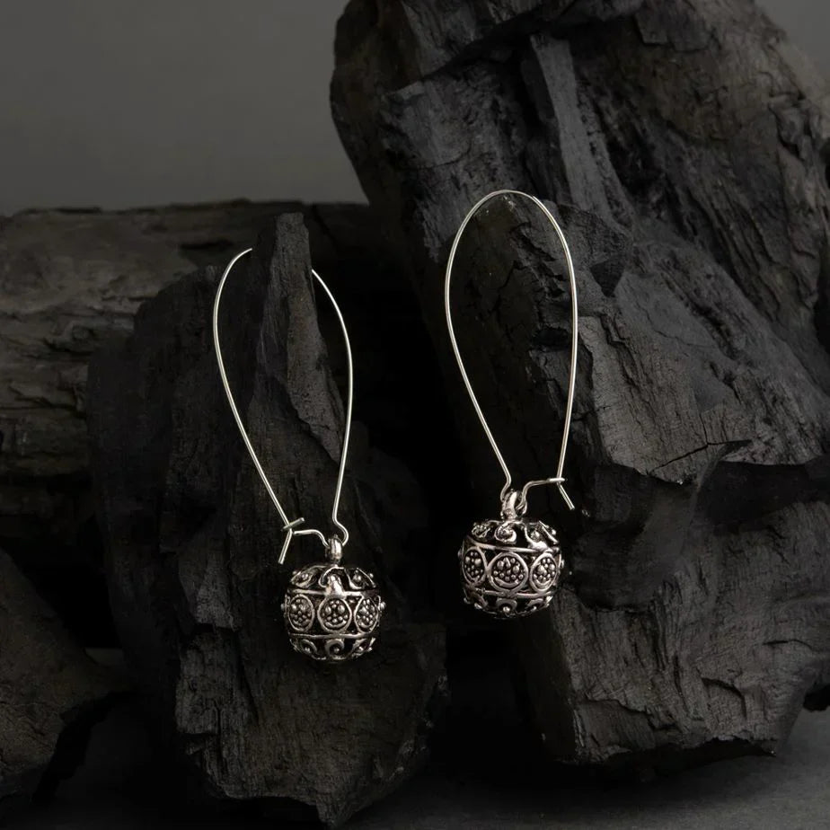 Silver-Toned Filigree Art Ball Antique Dangler Earrings