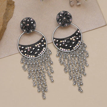 Silver-Toned Mirror Work Chandbali Dangler Earrings
