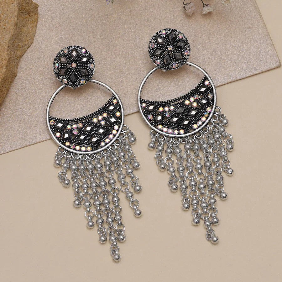 Silver-Toned Mirror Work Chandbali Dangler Earrings