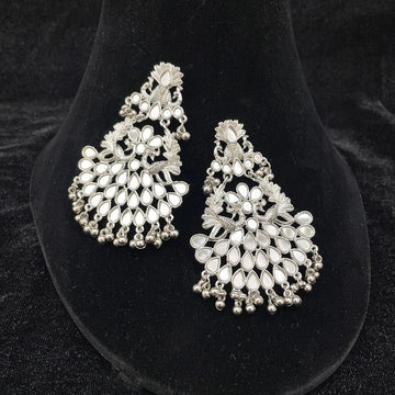Silver-Toned Mirror Work Peacock Design Beaded Dangle Earrings