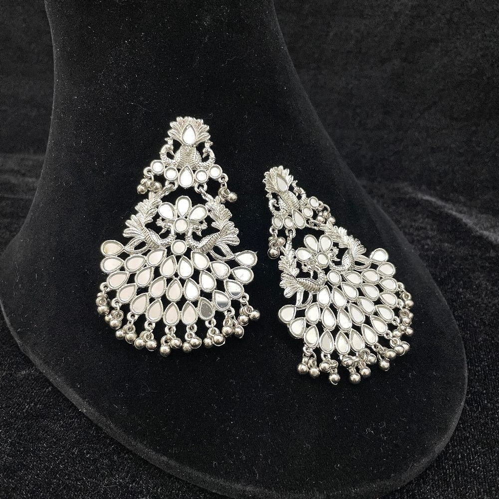 Silver-Toned Mirror Work Peacock Design Beaded Dangle Earrings