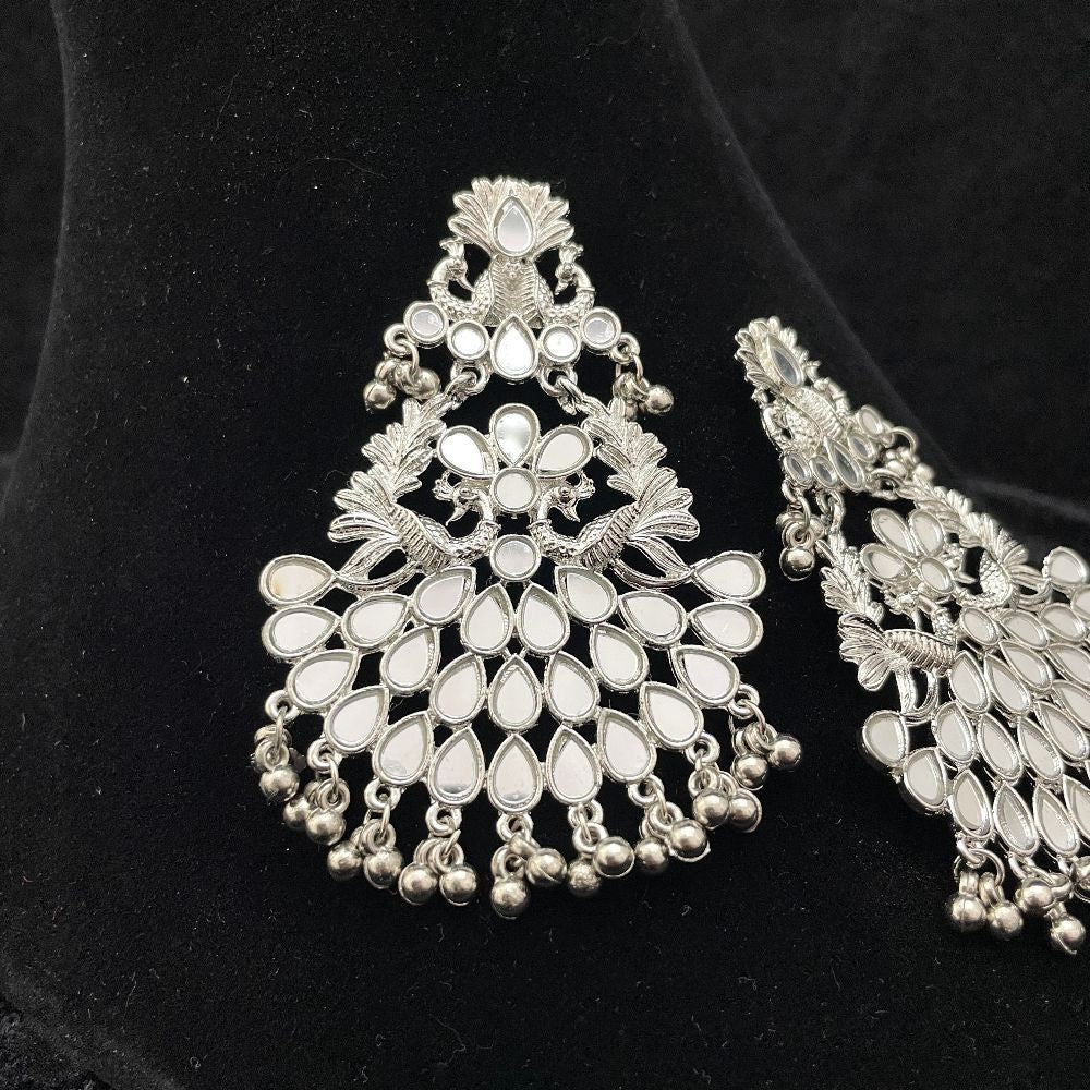 Silver-Toned Mirror Work Peacock Design Beaded Dangle Earrings