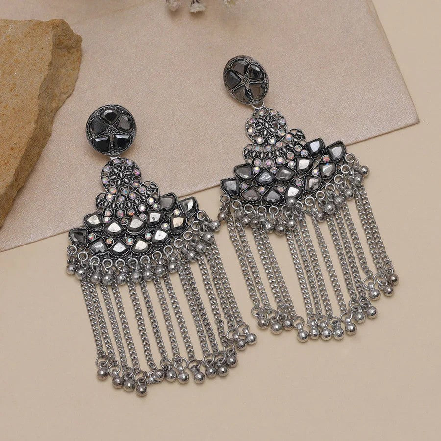 Silver-Toned Mirror Work Tassel Dangler Earrings