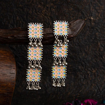 Silver-Toned Multicoloured Enamel Artwork Antique Earrings