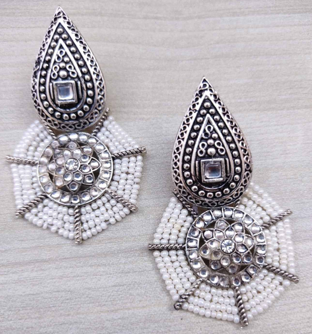 Silver-Toned Stone Studded Beaded Indian Earrings