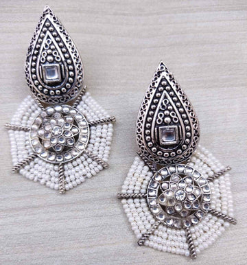 Silver-Toned Stone Studded Beaded Indian Earrings