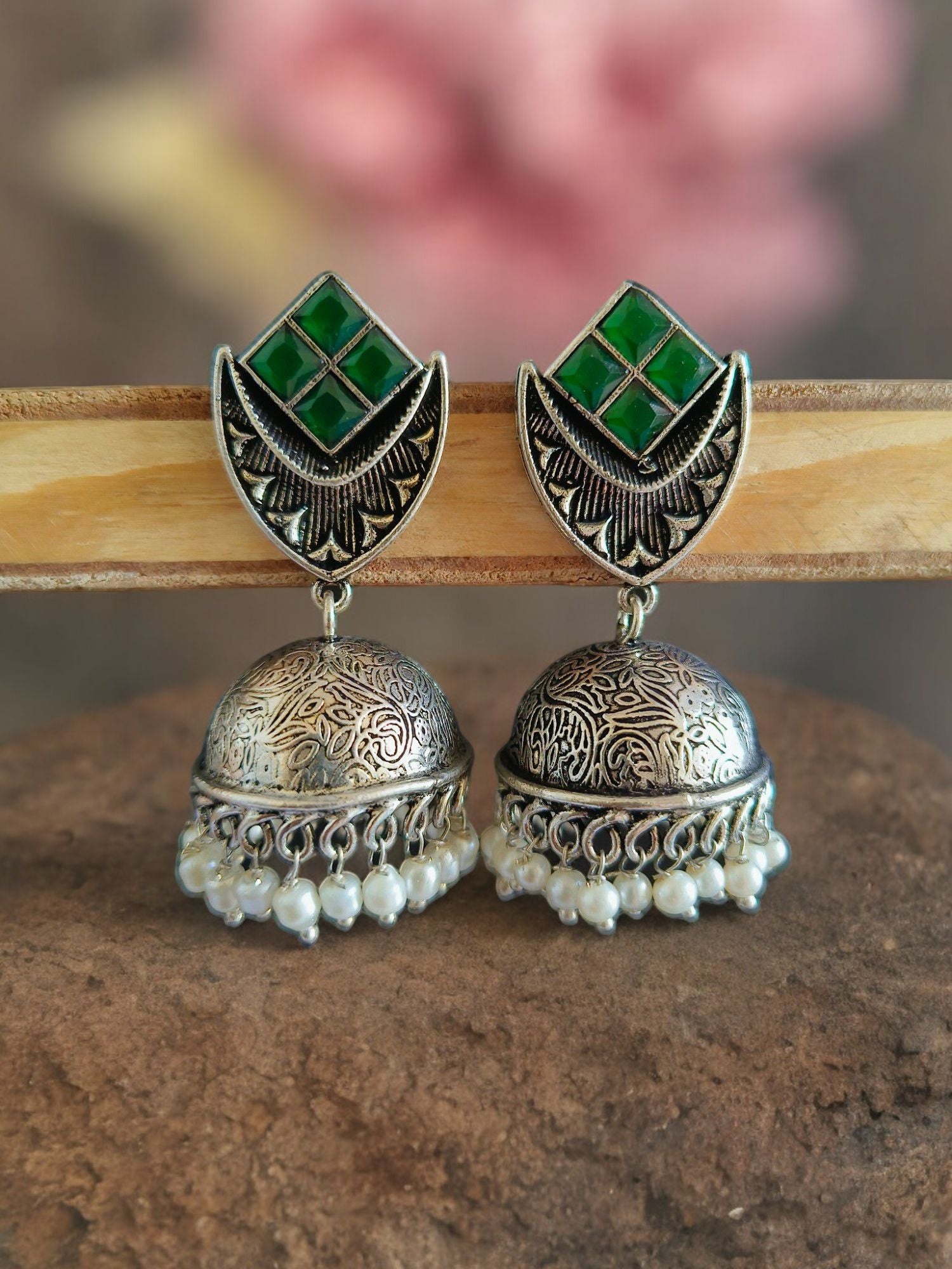 Silver-toned Beaded Oxidised Jhumka Earrings, Green Stone Studded Designer Earrings