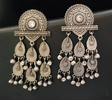 Silver-toned Chandelier Earrings, Tribal Jhumka With Ghungroos (MDYJ1052)