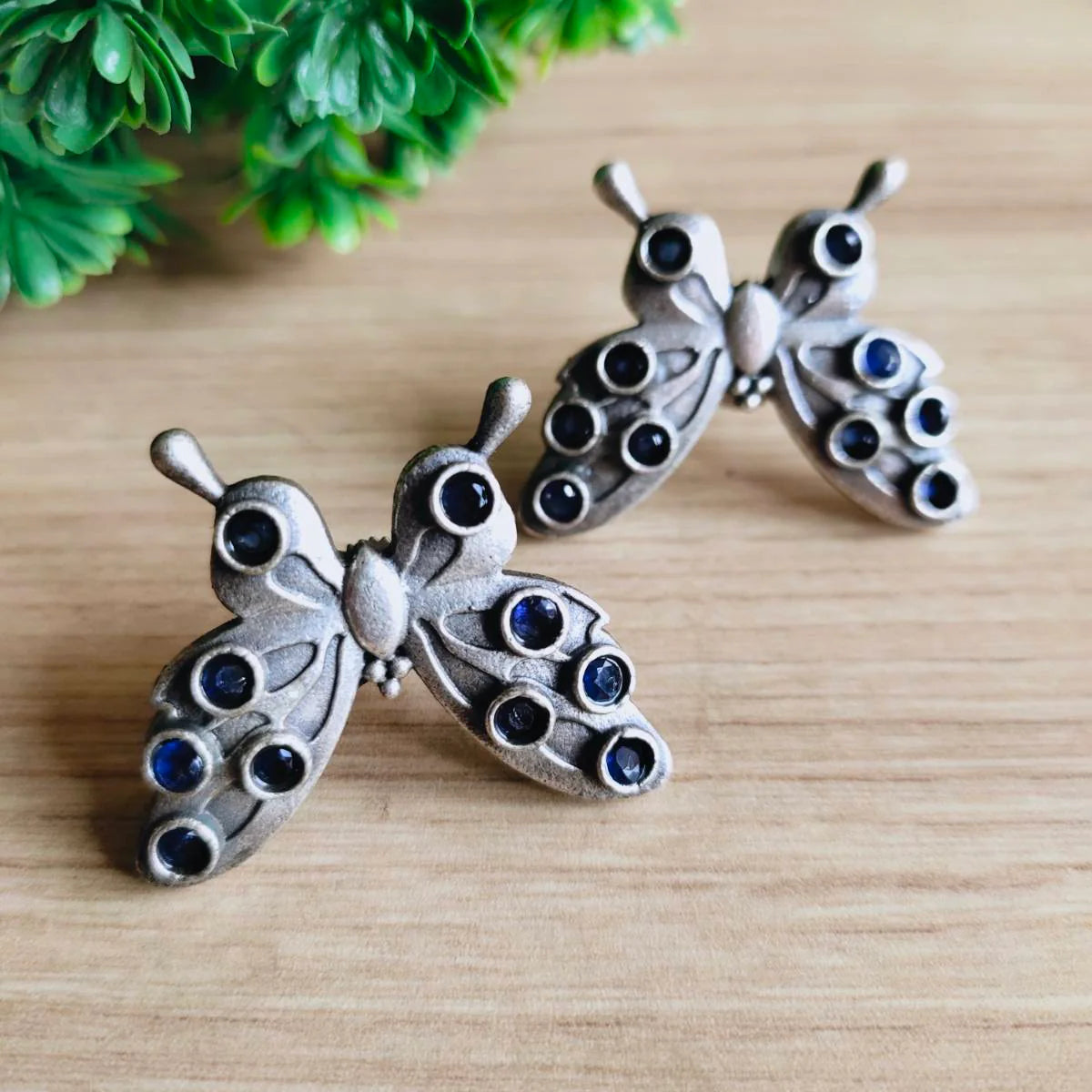 Silver-Plated Butterfly Design Oxidised Stud Earrings