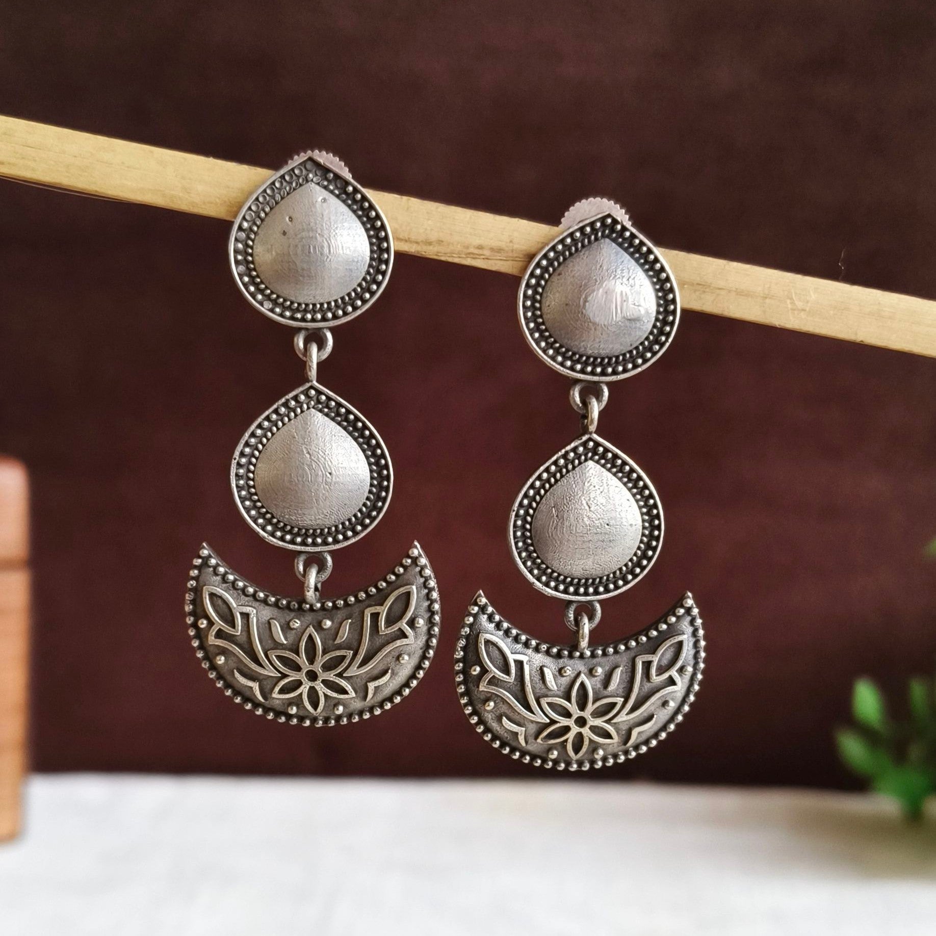 Silver Look-alike Moonlit Bloom Oxidised Chandbali Earrings