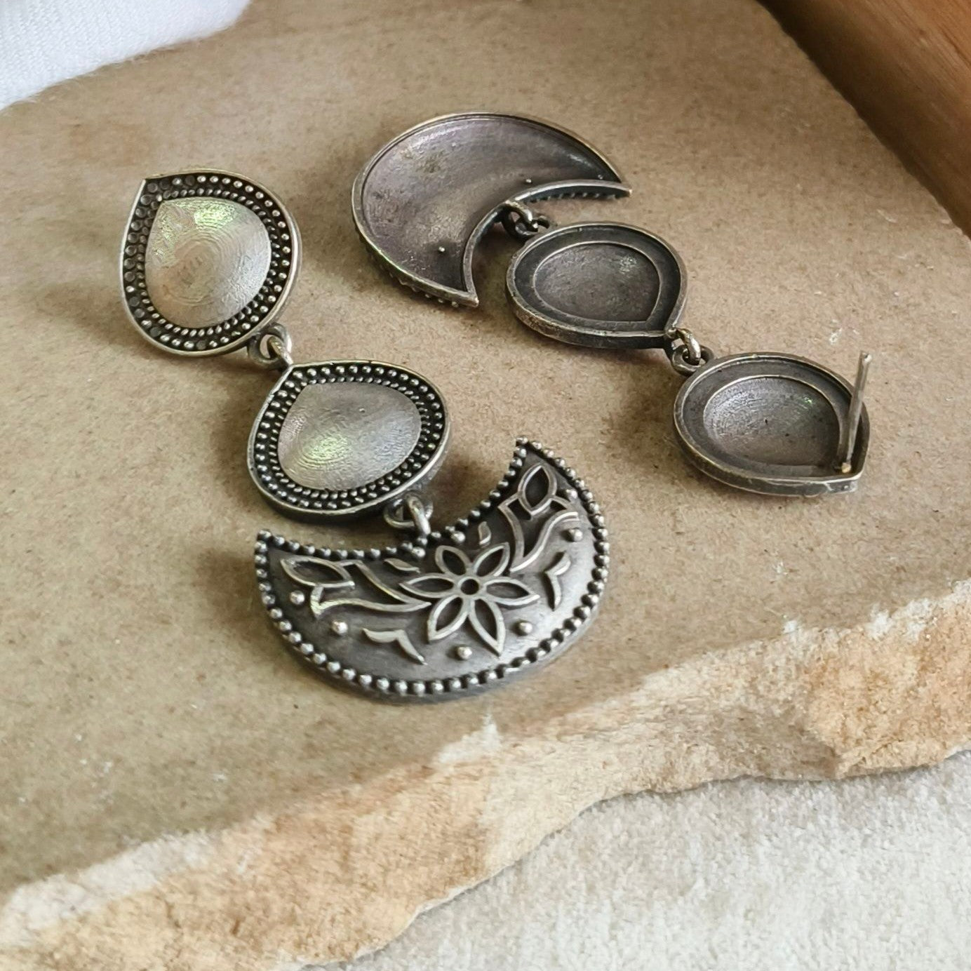 Silver Look-alike Moonlit Bloom Oxidised Chandbali Earrings