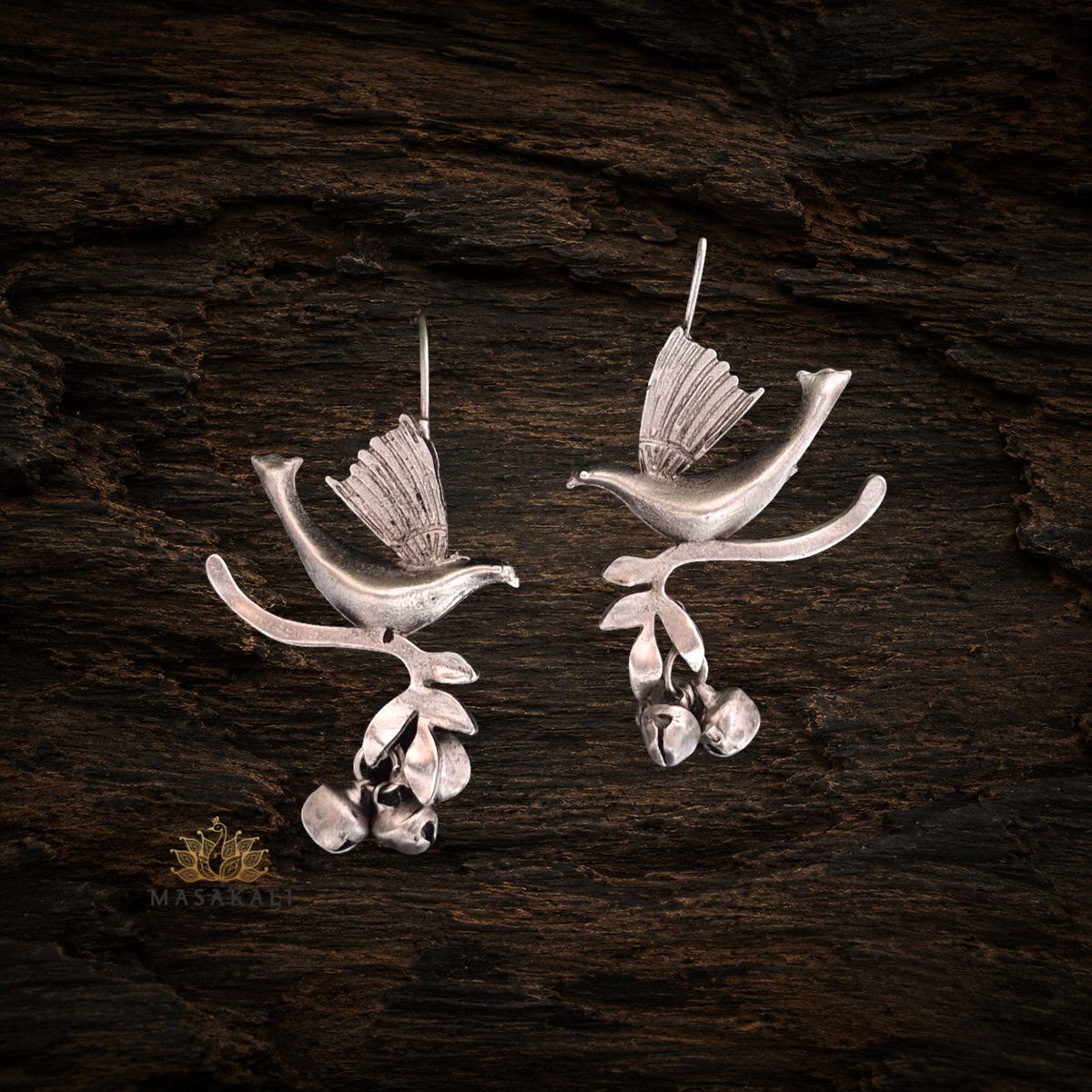 Silver Look-alike Oxidised Bird Drop Earrings