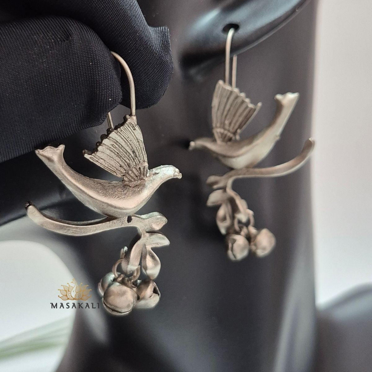 Silver Look-alike Oxidised Bird Drop Earrings