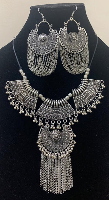 Silver Oxidised Afghani Metal Necklace With Earrings, Lightweight Chandbali Necklace Set For Women & Girls (MKMH1025)