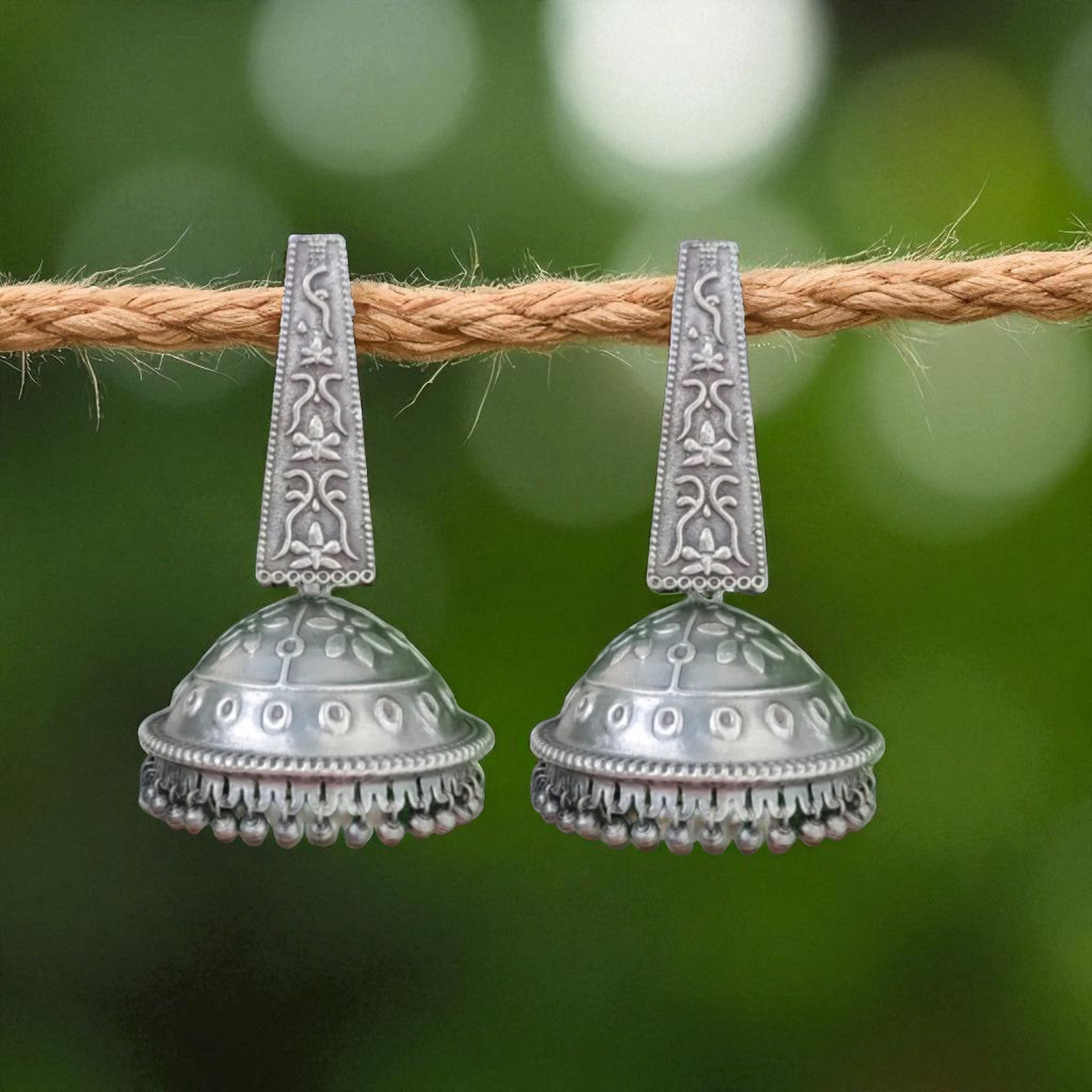 Silver Oxidised Dome-Shaped Antique Jhumka Earrings