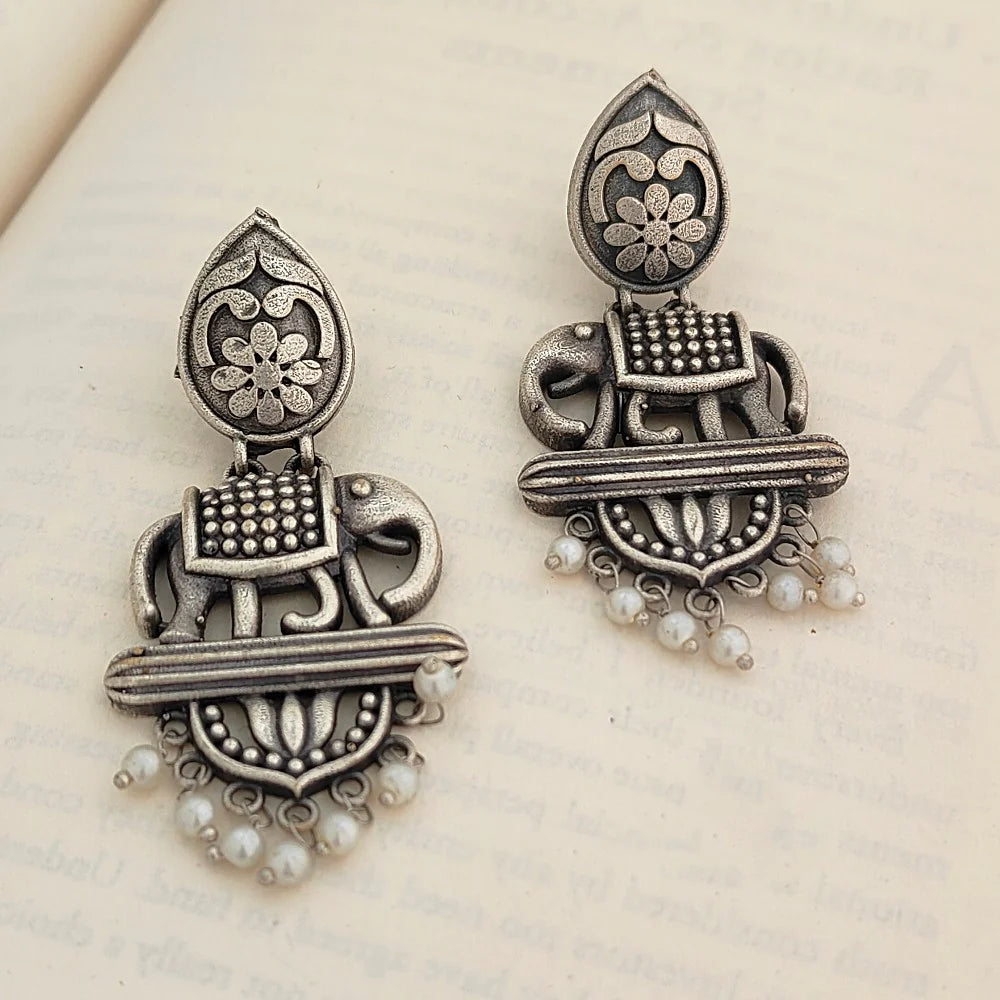 Silver Oxidised Elephant Design Navratri Festive Dangler Earrings