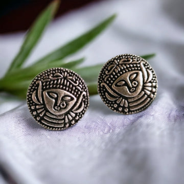 Silver Oxidised Goddess Durga Earrings, Hand Engraved Durga Stud Earrings For Women (MDYJ1057)