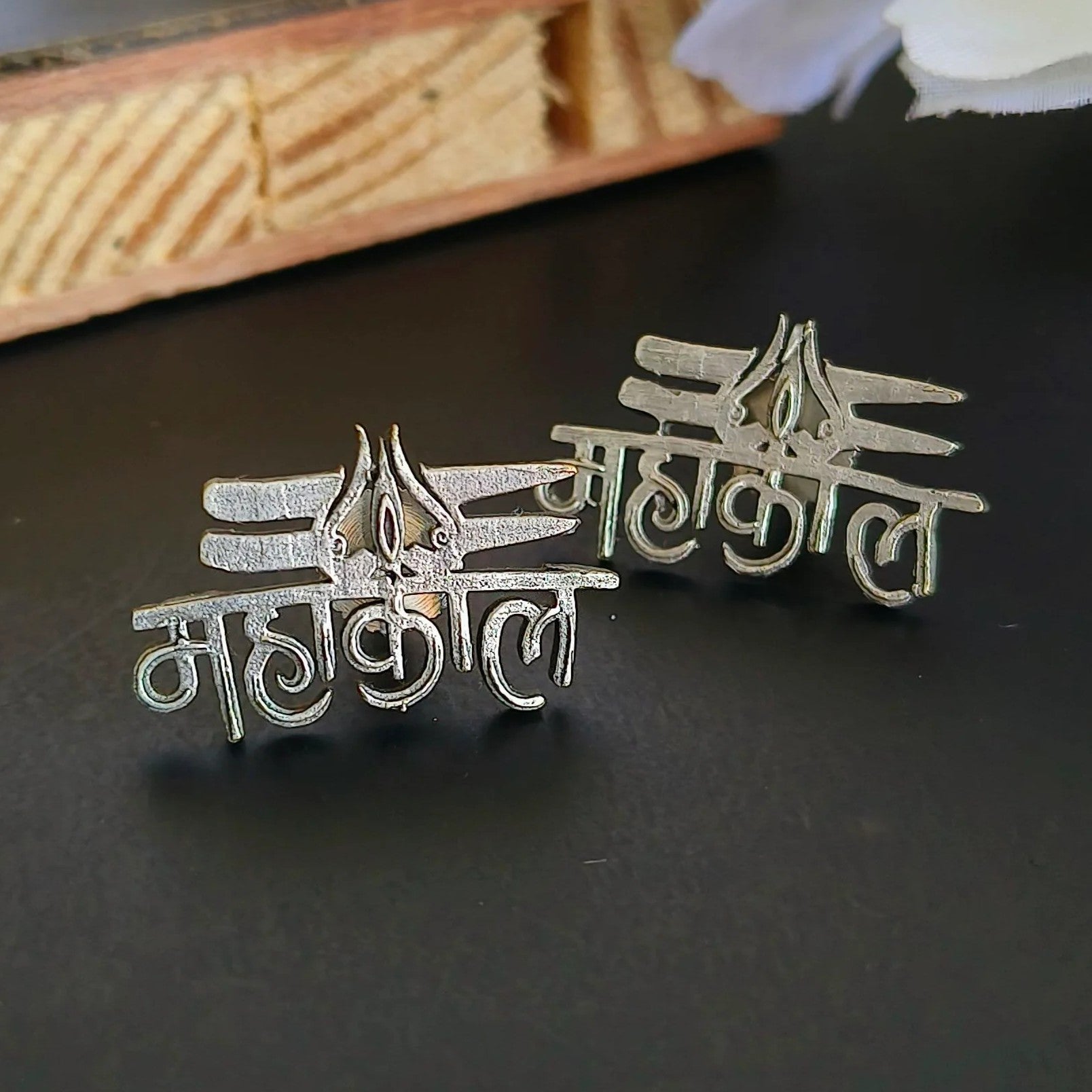 Silver Oxidised Mahakal Engraved Trishula Stud Earrings