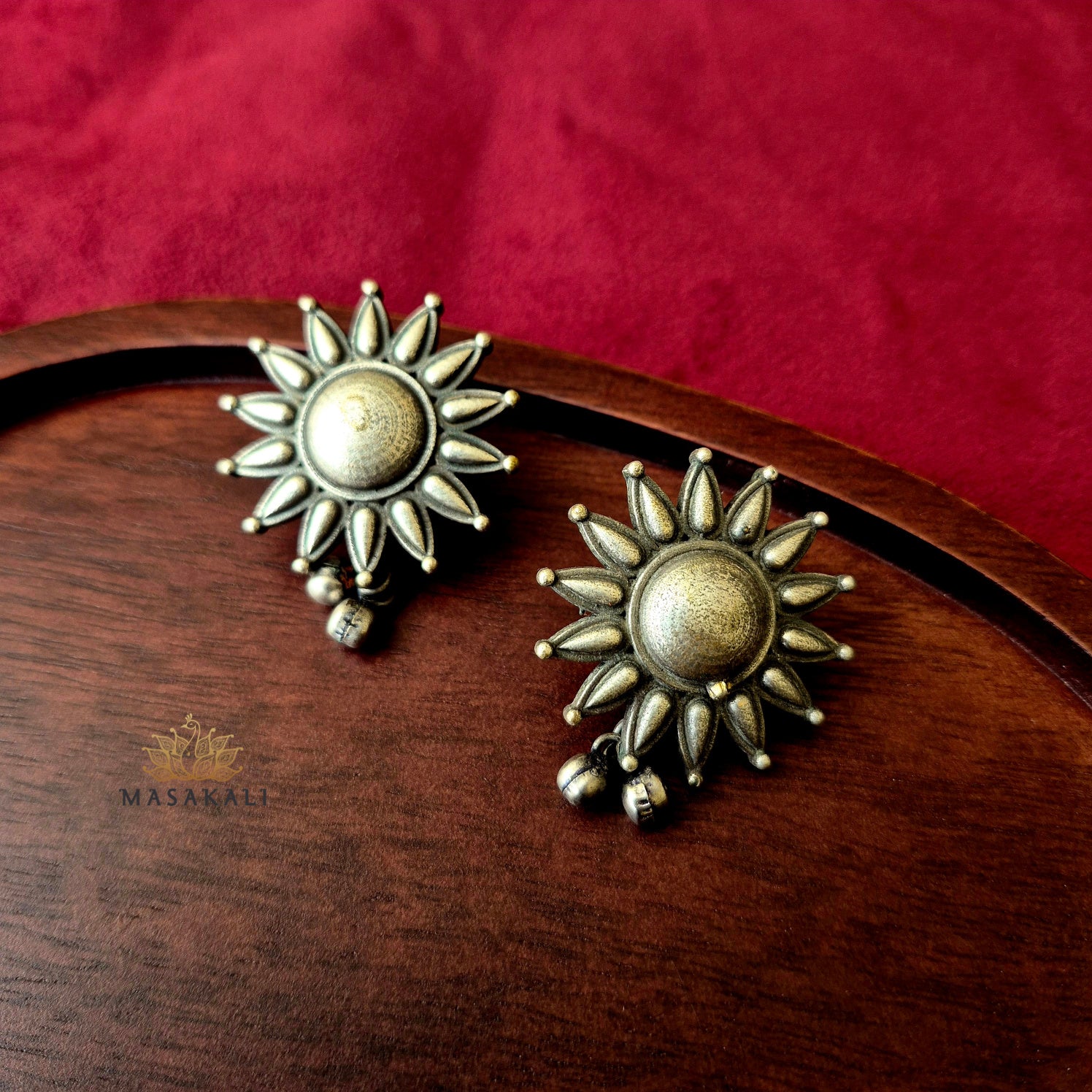 Silver Oxidised Suryamukhi Antique Stud Earrings