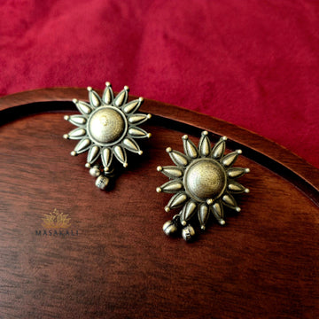 Silver Oxidised Suryamukhi Antique Stud Earrings