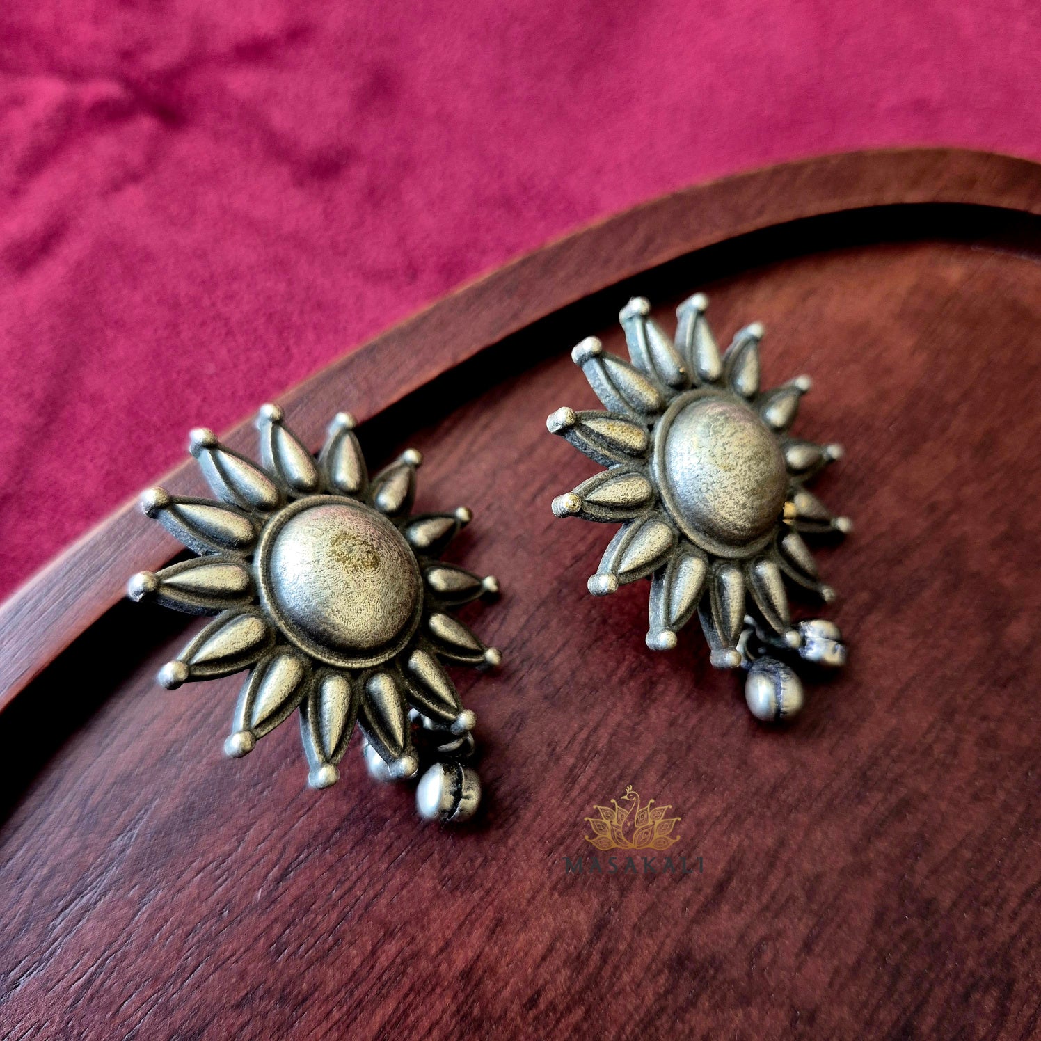 Silver Oxidised Suryamukhi Antique Stud Earrings