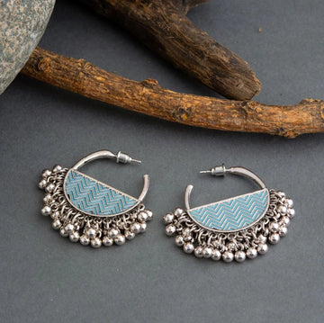 Silver Plated Enamel Artwork Contemporary Chandbali Earrings, Turquoise Blue Earrings With Beads (MTAR1068)