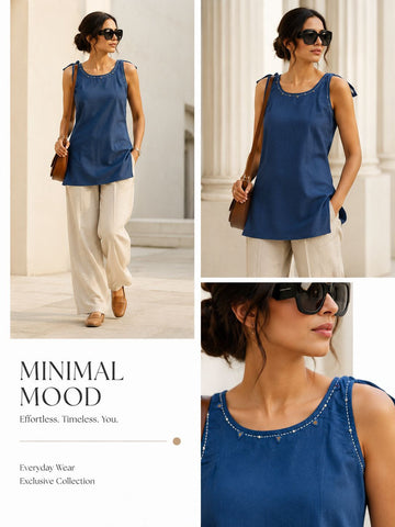 Solid Blue Dhabu Cotton Workwear Top
